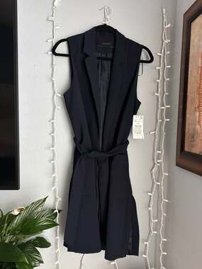 Zara Basic Collection Long Sleeveless Belted Blazer Waistcoat in Navy